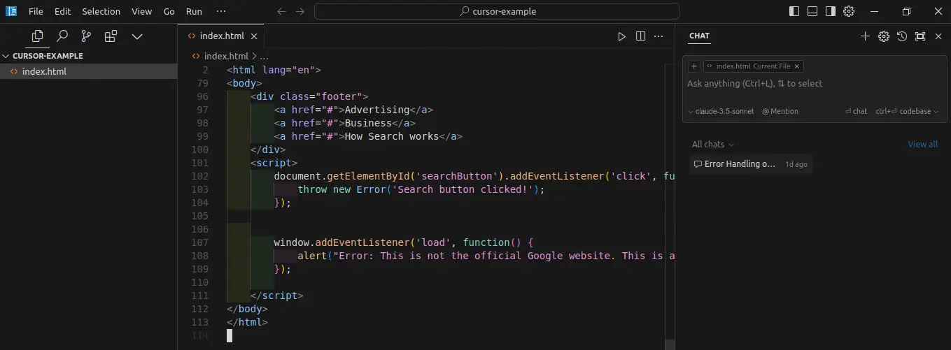 Интерфейс редактора Cursor